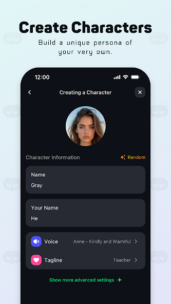 EvoTalk screen for creating a character and choosing a voice